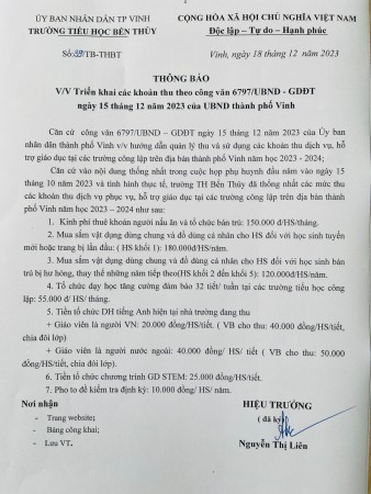THÔNG BÁO: V/v triển khai các khoản thu theo công văn 679/UBND-GD ĐT ngày 15 tháng 12 năm 2023 của UBND TP Vinh