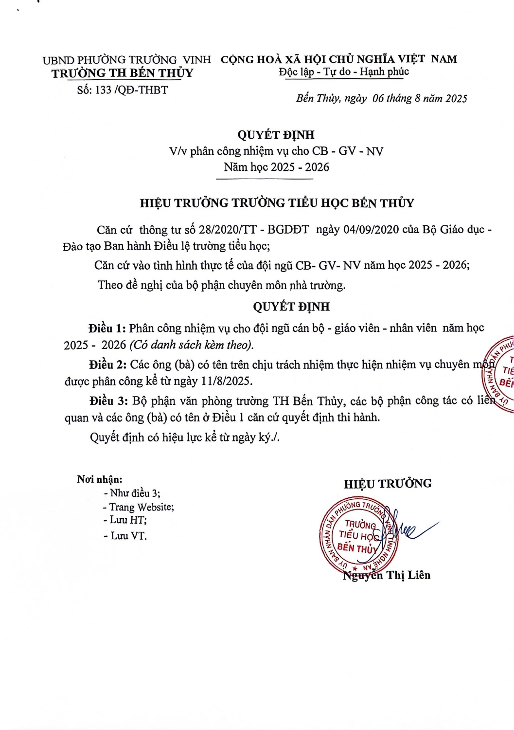 Quyết định về việc phân công nhiệm vụ cho CB, GV, NV