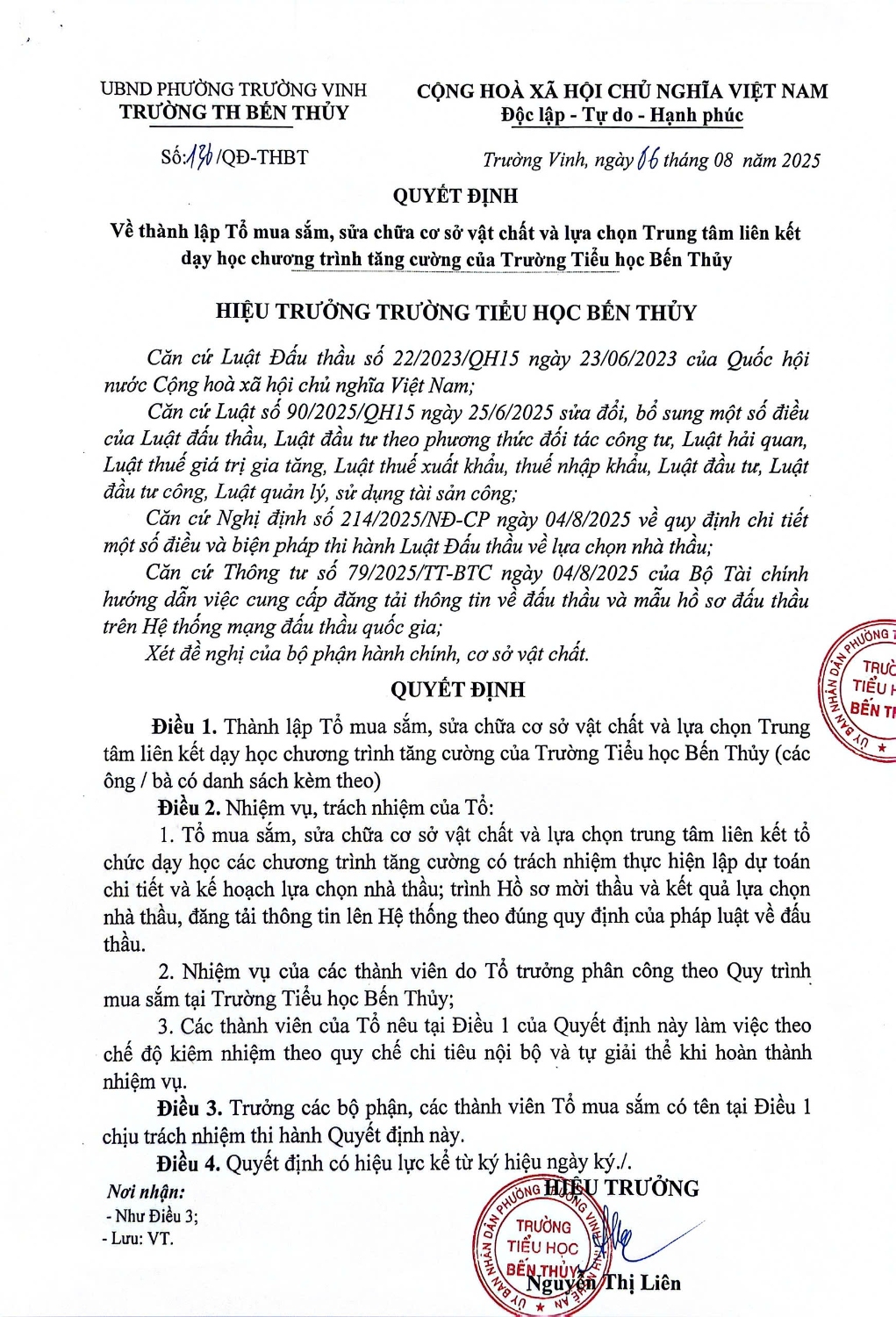 Quyết định lập Tổ mua sắm, sửa chữa CSVC và lựa chọn trung tâm TATC. Năm học: 2025-2026