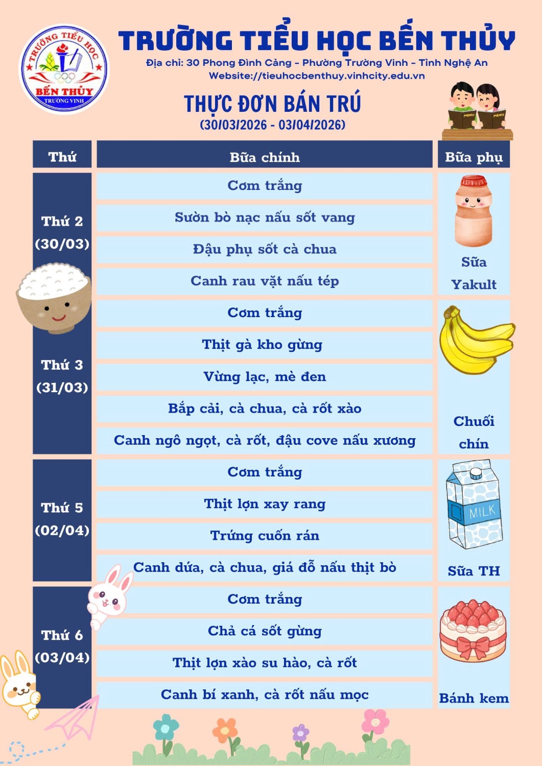 THỰC ĐƠN BÁN TRÚ TUẦN 29