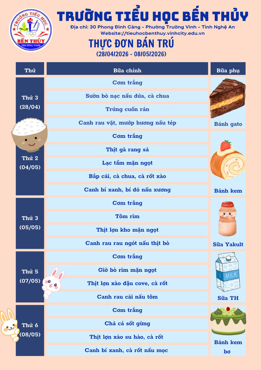 THỰC ĐƠN BÁN TRÚ TUẦN 33